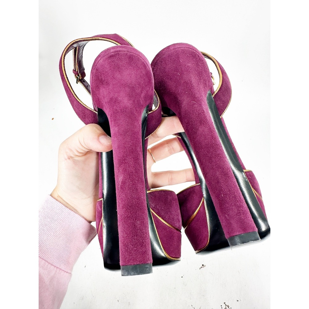 Gucci Platform Pumps Huston 39 Purple Suede Gold Trim Ankle Strap Heels - Picture 2 of 10